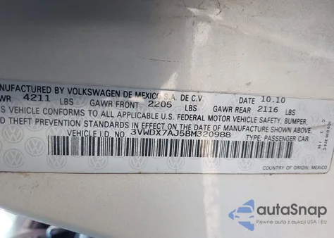 2011 Volkswagen Jetta 2.5L Se from USA, damaged, VIN 3VWDX7AJ5BM320988